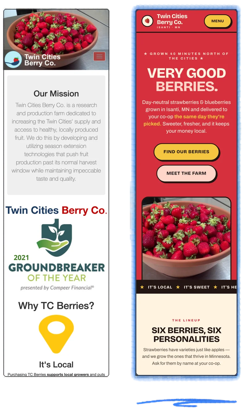 Side-by-side before and after of a berry farm website redesign