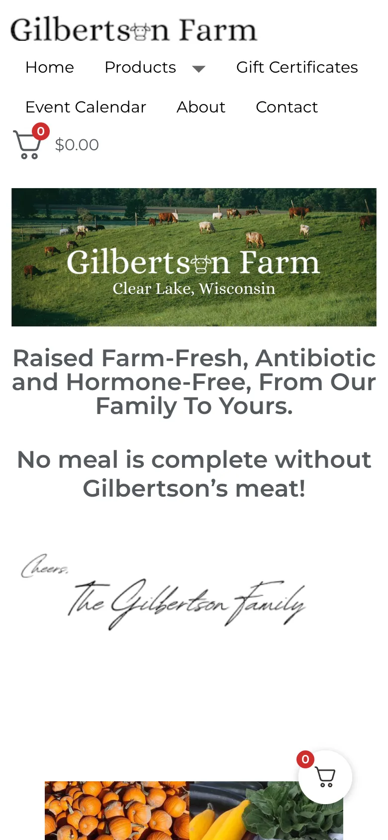 Gilbertson Farm's old website — a dated, static layout